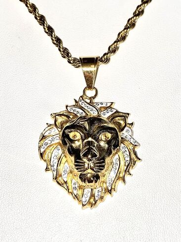 Lion Head Pendant Necklace – 14k Gold & Black Finish, 925 Silver King of the Jungle Pendant with 2.5mm Rope Chain, Men & Women Hip Hop Jewelry in Saudi Arabia