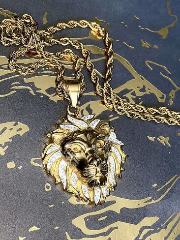 Lion Head Pendant Necklace – 14k Gold & Black Finish, 925 Silver King of the Jungle Pendant with 2.5mm Rope Chain, Men & Women Hip Hop Jewelry in Saudi Arabia