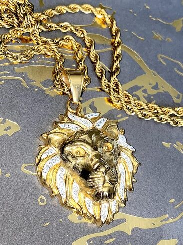 Lion Head Pendant Necklace – 14k Gold & Black Finish, 925 Silver King of the Jungle Pendant with 2.5mm Rope Chain, Men & Women Hip Hop Jewelry in Saudi Arabia