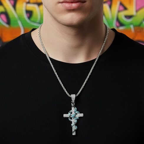 1PC Hip Hop Cross Pendant Necklace, Silver Plated Blue Snake Wrapped Cross Pendant with Rope Chain for Men Women, Rapper Streetwear Cool Jewelry Gift (Silver Blue) in Saudi Arabia
