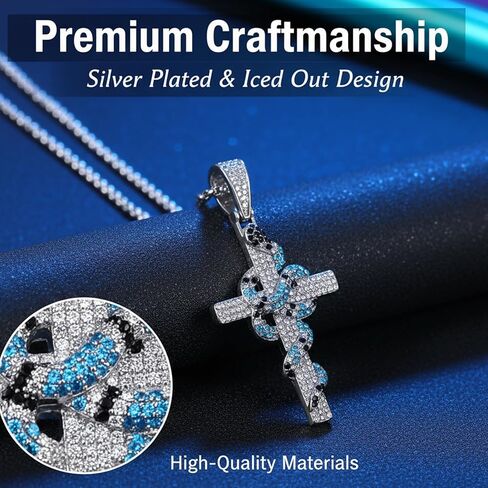 1PC Hip Hop Cross Pendant Necklace, Silver Plated Blue Snake Wrapped Cross Pendant with Rope Chain for Men Women, Rapper Streetwear Cool Jewelry Gift (Silver Blue) in Saudi Arabia
