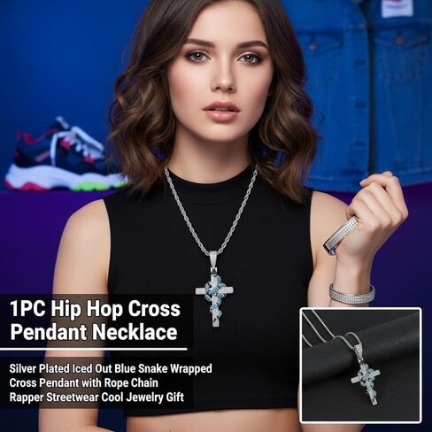 1PC Hip Hop Cross Pendant Necklace, Silver Plated Blue Snake Wrapped Cross Pendant with Rope Chain for Men Women, Rapper Streetwear Cool Jewelry Gift (Silver Blue) in Saudi Arabia