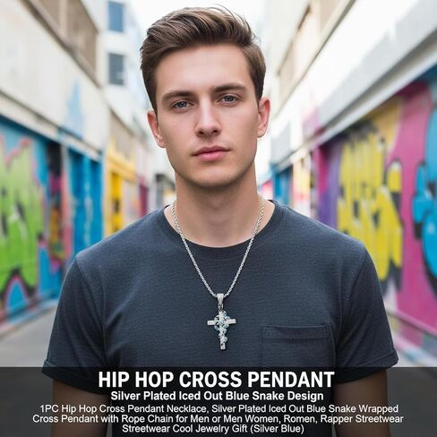 1PC Hip Hop Cross Pendant Necklace, Silver Plated Blue Snake Wrapped Cross Pendant with Rope Chain for Men Women, Rapper Streetwear Cool Jewelry Gift (Silver Blue) in Saudi Arabia