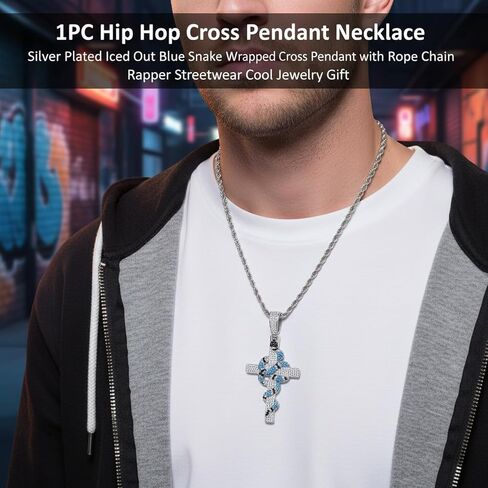 1PC Hip Hop Cross Pendant Necklace, Silver Plated Blue Snake Wrapped Cross Pendant with Rope Chain for Men Women, Rapper Streetwear Cool Jewelry Gift (Silver Blue) in Saudi Arabia