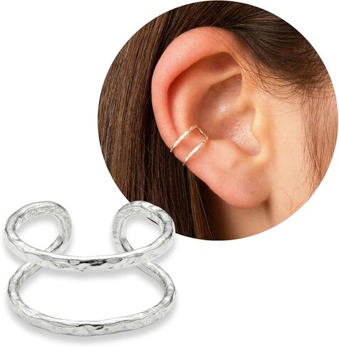 925 Sterling Silver Single Double Hammered Band Ear Cuff for Non-Pierced Ear - Small Dainty Pierceless Clip Earring, Ear Wrap, Cartilage for Women | Handmade by MiYa Jewelry Creations in Kuwait