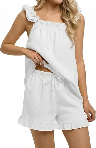 Womens Pajamas Set 2 Piece Ruffle Pj Set Lightweight Summer Pajamas Tank and Shorts Bridal Pj in Saudi Arabia