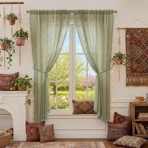 Sage Green Sheer Curtains 63 Inches Long 2 Panel,Rod Pocket Privacy Light Filtering Lace Window Panels,Elegant Farmhouse Cute Tassel Boho Floral Semi-Sheer Drapes for Bedroom Living Room in Kuwait