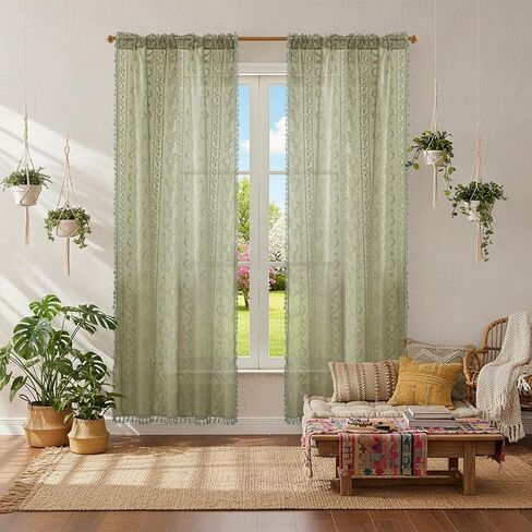 Sage Green Sheer Curtains 63 Inches Long 2 Panel,Rod Pocket Privacy Light Filtering Lace Window Panels,Elegant Farmhouse Cute Tassel Boho Floral Semi-Sheer Drapes for Bedroom Living Room in Kuwait