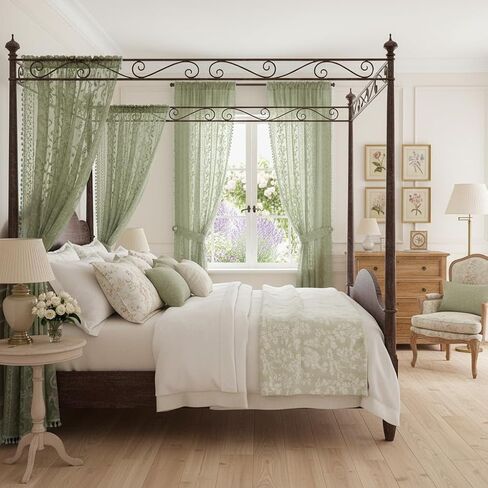 Sage Green Sheer Curtains 63 Inches Long 2 Panel,Rod Pocket Privacy Light Filtering Lace Window Panels,Elegant Farmhouse Cute Tassel Boho Floral Semi-Sheer Drapes for Bedroom Living Room in Kuwait