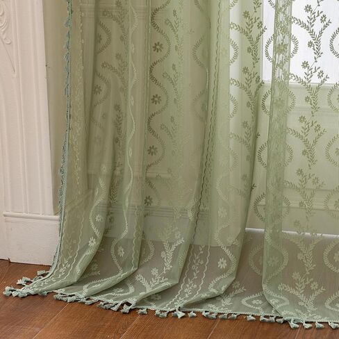 Sage Green Sheer Curtains 63 Inches Long 2 Panel,Rod Pocket Privacy Light Filtering Lace Window Panels,Elegant Farmhouse Cute Tassel Boho Floral Semi-Sheer Drapes for Bedroom Living Room in Kuwait