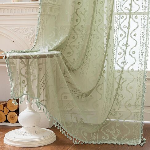 Sage Green Sheer Curtains 63 Inches Long 2 Panel,Rod Pocket Privacy Light Filtering Lace Window Panels,Elegant Farmhouse Cute Tassel Boho Floral Semi-Sheer Drapes for Bedroom Living Room in Kuwait