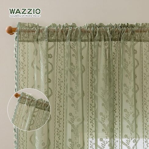 Sage Green Sheer Curtains 63 Inches Long 2 Panel,Rod Pocket Privacy Light Filtering Lace Window Panels,Elegant Farmhouse Cute Tassel Boho Floral Semi-Sheer Drapes for Bedroom Living Room in Kuwait
