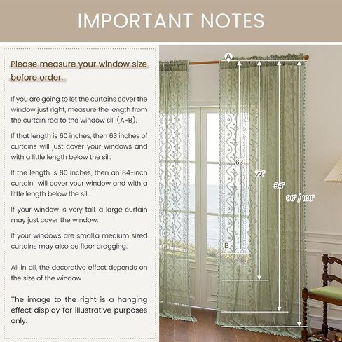 Sage Green Sheer Curtains 63 Inches Long 2 Panel,Rod Pocket Privacy Light Filtering Lace Window Panels,Elegant Farmhouse Cute Tassel Boho Floral Semi-Sheer Drapes for Bedroom Living Room in Kuwait