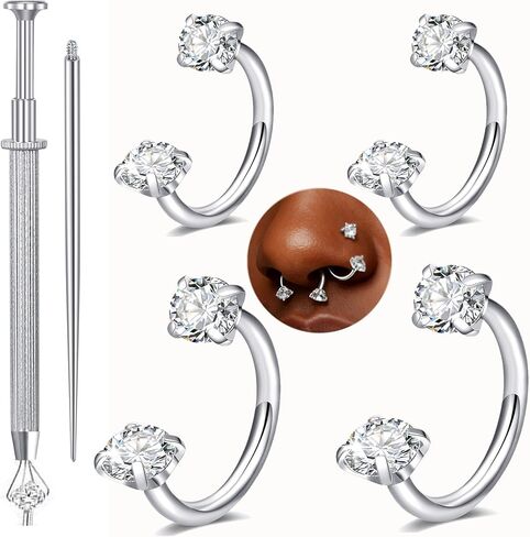 QWALIT 20g 7mm 8mm Horseshoe Nose Ring for Women Surgical Steel Double Stud Gem Horse Shoe Nose Piercing Half U Shape Nostril Hoop Tragus Daith Helix Earring Silver Cartilage Piercing Jewelry 20 gauge in Kuwait