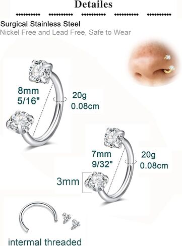 QWALIT 20g 7mm 8mm Horseshoe Nose Ring for Women Surgical Steel Double Stud Gem Horse Shoe Nose Piercing Half U Shape Nostril Hoop Tragus Daith Helix Earring Silver Cartilage Piercing Jewelry 20 gauge in Kuwait