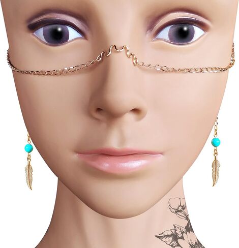 Gold Face Chain with Feathers and Turquoise Beads - Gothic Face Chain - Face Accessories in Kuwait