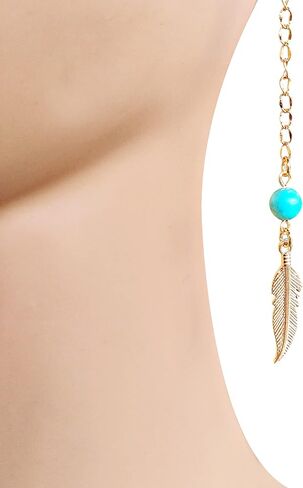 Gold Face Chain with Feathers and Turquoise Beads - Gothic Face Chain - Face Accessories in Kuwait