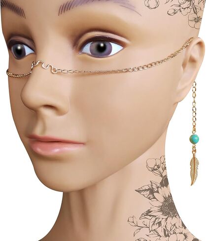 Gold Face Chain with Feathers and Turquoise Beads - Gothic Face Chain - Face Accessories in Kuwait