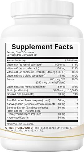 Hair Growth Vitamins Complex, 120 Capsules | 14-in-1 Formula with 5,000mcg Biotin, Collagen, Keratin, Vitamin C, Saw Palmetto & More for Health Hair Support | Promotes Natural Growth & Thickness in Kuwait