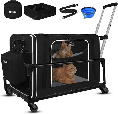 Petskd Side Expandable Large Cat Carrier with Litter Box for Car Travel, 24"x17"x17" Extra Large Pet Carrier for 2 Cats Under 55LBS Pet, Soft Sided Cat Carrier with Locking Zippers for Vet(Black) in Saudi Arabia