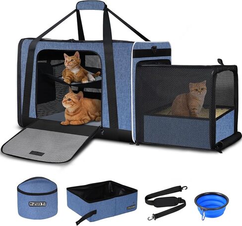 Petskd Side Expandable Large Cat Carrier with Litter Box for Car Travel, 24"x17"x17" Extra Large Pet Carrier for 2 Cats Under 55LBS Pet, Soft Sided Cat Carrier with Locking Zippers for Vet(Black) in Saudi Arabia