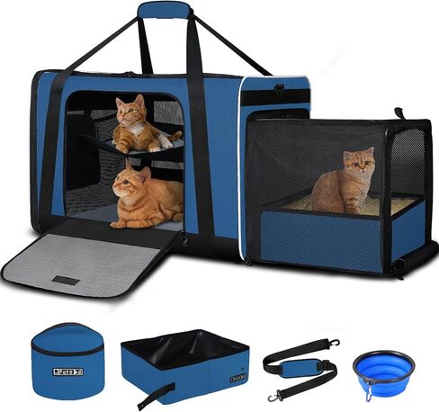 Petskd Side Expandable Large Cat Carrier with Litter Box for Car Travel, 24"x17"x17" Extra Large Pet Carrier for 2 Cats Under 55LBS Pet, Soft Sided Cat Carrier with Locking Zippers for Vet(Black) in Saudi Arabia