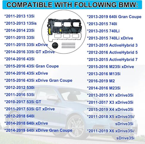 N55 Engine Valve Cover Kit with Gasket, Bolts & Oil Cap — Compatible with BMW 135i 335i 535i 640i 740i X3 X5 X6 1 3 5 6 7 Series (2011-2018) — Replaces OEM # 11127570292 in Saudi Arabia