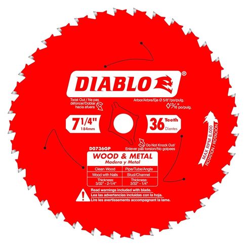 Diablo Carbide Saw Blade for Wood and Metal - 7-1/4" Diameter, 36 C-ATB Teeth, 5/8" Arbor, .067" Kerf, 5° Hook Angle, .051" Plate, 8000 Max RPM - D0736GPA in Saudi Arabia