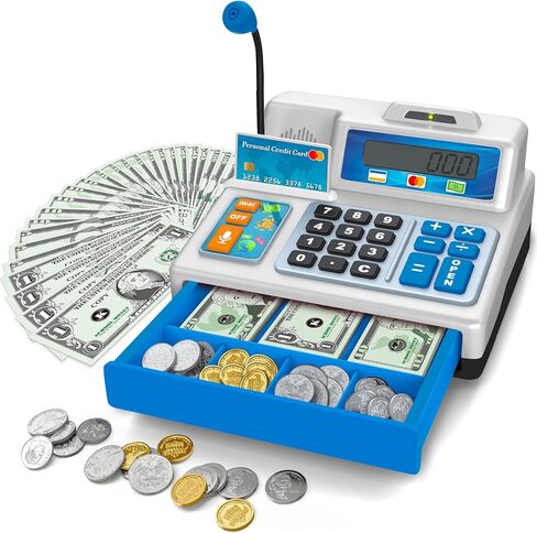 Calculator Cash Register Toy Gift for Kids Age 3, 4, 5, 6, 7, 8+ Year Old, 73 Pcs Grocery Store Playset with Microphone, Credit Card, Cash Register for Toddlers Kids 4-8 in Kuwait