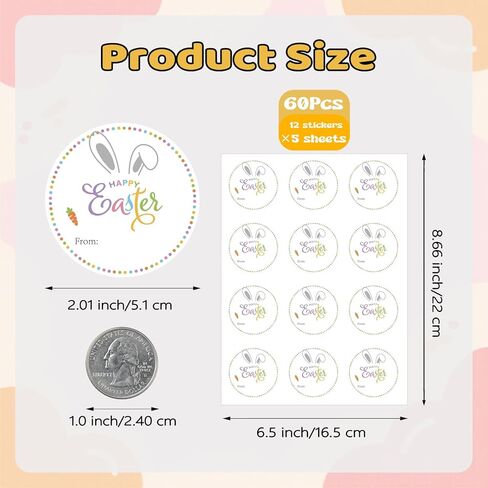 60Pcs Happy Easter Stickers, 2" Easter Bunny Stickers, Easter from Name Stickers, Small Easter Sticker Sheets for Envelope Seal Goodie Bag Card Party Decors in Kuwait