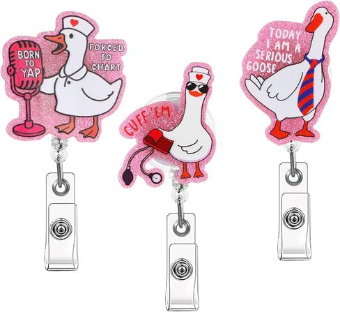 3 قطع مضحكة أوزة ممرضة شارة بكرة الكفة 'Em حامل شارة مع مشبك قابل للسحب مشبك التمساح لطيف وردي سخيف أوزة أكريليك سباركلي هدية ل RN LPN CNA MA الممرضات الأطباء العاملين الاجتماعيين in Kuwait