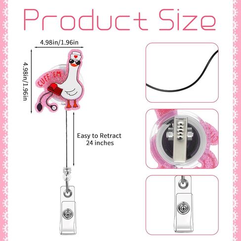 3 قطع مضحكة أوزة ممرضة شارة بكرة الكفة 'Em حامل شارة مع مشبك قابل للسحب مشبك التمساح لطيف وردي سخيف أوزة أكريليك سباركلي هدية ل RN LPN CNA MA الممرضات الأطباء العاملين الاجتماعيين in Kuwait