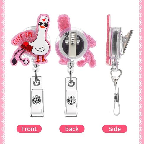 3 قطع مضحكة أوزة ممرضة شارة بكرة الكفة 'Em حامل شارة مع مشبك قابل للسحب مشبك التمساح لطيف وردي سخيف أوزة أكريليك سباركلي هدية ل RN LPN CNA MA الممرضات الأطباء العاملين الاجتماعيين in Kuwait