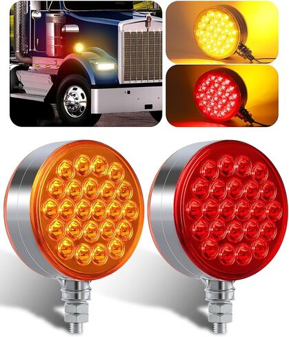 2PCS 4" Amber/Red Round Double Face 48 LED Turn Signal Lights Waterproof Pedestal Fender Lights for Heavy Truck Trailer Freightliner Peterbilt Kenworth Mack Western Star in Saudi Arabia