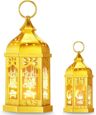 Threan 2 Pcs Ramadan Lantern Lights, 6.9" & 11" Golden LED Ramadan Eid Decorations with Star and Moon Pattern, Hanging Lights for Muslim Home, Patio, Table, Wedding Centerpieces Islamic Festival Decor in Saudi Arabia