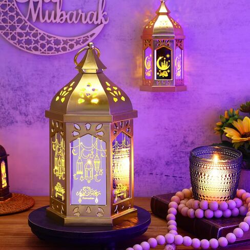 Threan 2 Pcs Ramadan Lantern Lights, 6.9" & 11" Golden LED Ramadan Eid Decorations with Star and Moon Pattern, Hanging Lights for Muslim Home, Patio, Table, Wedding Centerpieces Islamic Festival Decor in Saudi Arabia