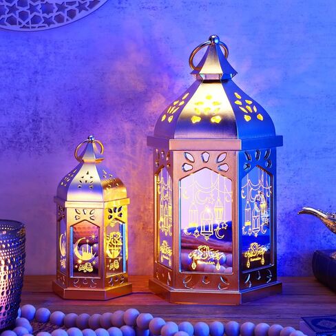 Threan 2 Pcs Ramadan Lantern Lights, 6.9" & 11" Golden LED Ramadan Eid Decorations with Star and Moon Pattern, Hanging Lights for Muslim Home, Patio, Table, Wedding Centerpieces Islamic Festival Decor in Saudi Arabia