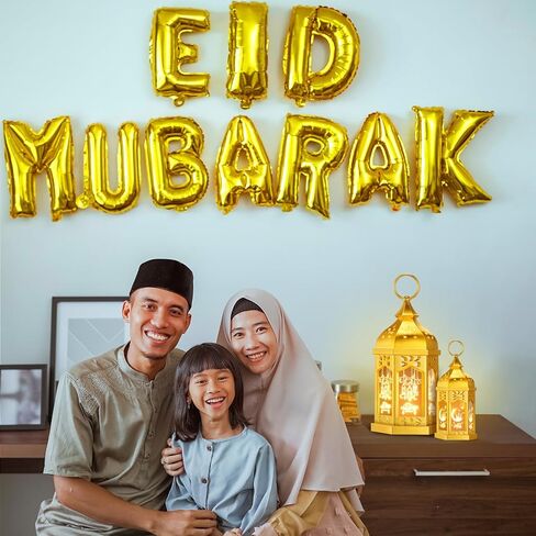 Threan 2 Pcs Ramadan Lantern Lights, 6.9" & 11" Golden LED Ramadan Eid Decorations with Star and Moon Pattern, Hanging Lights for Muslim Home, Patio, Table, Wedding Centerpieces Islamic Festival Decor in Saudi Arabia