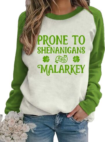 قميص شامروك مضحك لعيد القديس باتريك للنساء بأكمام طويلة، سويت شيرت خفيف الوزن برقبة دائرية على شكل برسيم أيرلندي in Kuwait