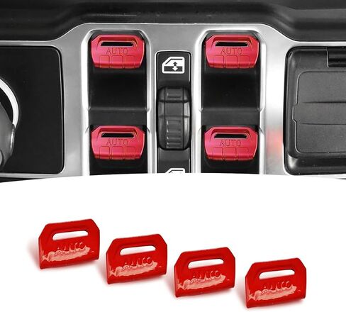 4 PCS Car Window Button Covers, Scratch Resistant Center Console Switch Protective Cover, Self-adhesive Waterproof Decorative Interior, Compatible with Wrangler JL JK 2018-2024 (Red) in Kuwait