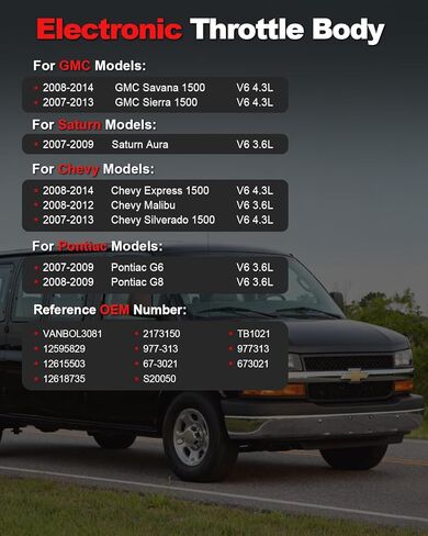 مجموعة جسم الخانق الإلكترونية متوافقة مع Chevy Express 1500 08-14، Silverado 1500 07-13، Malibu 08-12، GMC Savana 1500 08-14، Sierra 1500 07-13، Pontiac G6 G8 3.6L 4.3L Repalce TB1021 in Saudi Arabia