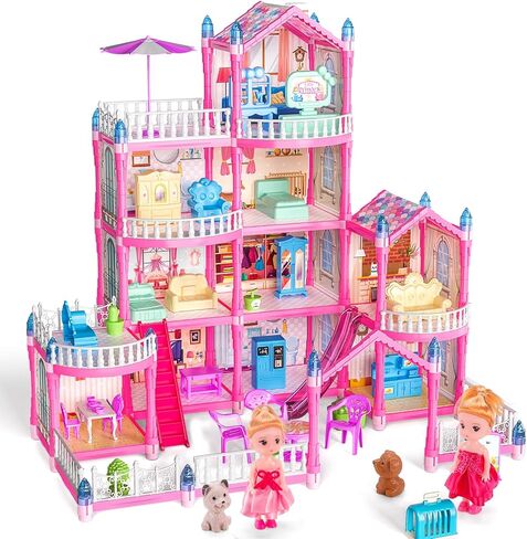 Doll House ، دمية من 4 طوابق مع Glow in the Dark ، Girl Toys Doll House Playet مع اثنين من الدمى ، و 12 منطقة لعب ، وأثاث وملحقات ، ألعاب هدية الأميرة للفتيات الذين تتراوح أعمارهم بين 3 4 5 6 7 8 9+ ، وردي in Kuwait