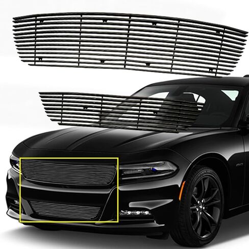 Front Grille Compatible with 2015-2018 Dodge Charger/19 Charger SXT W/O Adap Ctrl Black Billet Grill Main Upper Lower Bumper Grill Combo in Kuwait