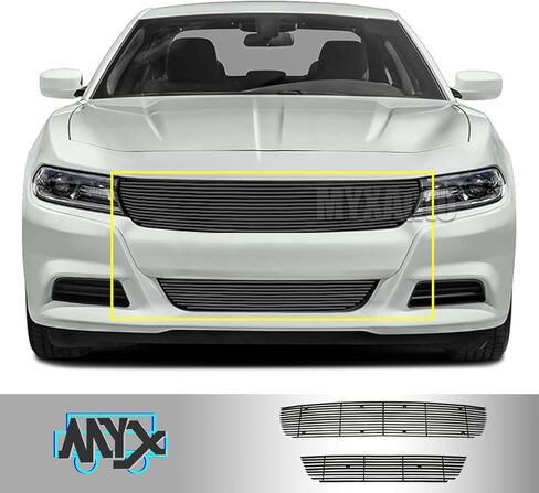 Front Grille Compatible with 2015-2018 Dodge Charger/19 Charger SXT W/O Adap Ctrl Black Billet Grill Main Upper Lower Bumper Grill Combo in Kuwait