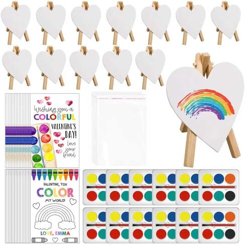 Gosodeny 24 Sets Valentines Watercolor Paint Set Painting Cards Painting Canvas Panel with Wooden Easel Watercolor Paint Painting Brush Kit Valentines Day Cards Packaging Bag Set Gifts in Kuwait