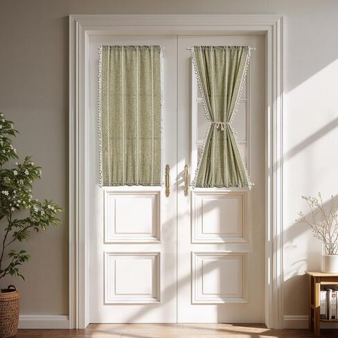 Sutuo Home ستائر الباب الخضراء المريمية لزجاج المدخل والأضواء الجانبية، شرابات تصفية ضوء البلد الفرنسي الزيتوني بوهو الفرنسية العتيقة ستائر الخصوصية الأنيقة لعيد الميلاد للباب الأمامي، جيب قضيب 1 لوحة 25 بوصة عرض × 40 بوصة طول in Kuwait