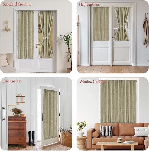 Sutuo Home ستائر الباب الخضراء المريمية لزجاج المدخل والأضواء الجانبية، شرابات تصفية ضوء البلد الفرنسي الزيتوني بوهو الفرنسية العتيقة ستائر الخصوصية الأنيقة لعيد الميلاد للباب الأمامي، جيب قضيب 1 لوحة 25 بوصة عرض × 40 بوصة طول in Kuwait