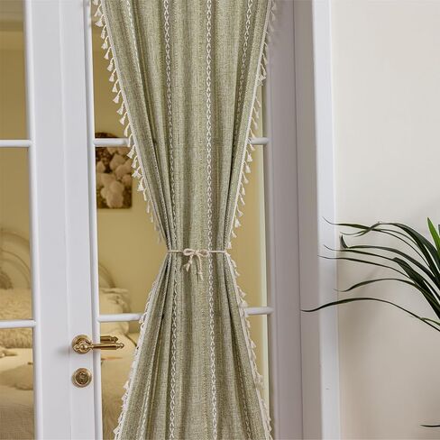 Sutuo Home ستائر الباب الخضراء المريمية لزجاج المدخل والأضواء الجانبية، شرابات تصفية ضوء البلد الفرنسي الزيتوني بوهو الفرنسية العتيقة ستائر الخصوصية الأنيقة لعيد الميلاد للباب الأمامي، جيب قضيب 1 لوحة 25 بوصة عرض × 40 بوصة طول in Kuwait