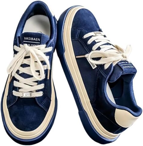 Men's Navy Blue & White -Like Canvas Sneakers - Low-Top Lace-Up Round Toe Casual Shoes with Rubber Sole, Season, Durable Vulcanized - Minimalist Dress Shoes for Office in Kuwait