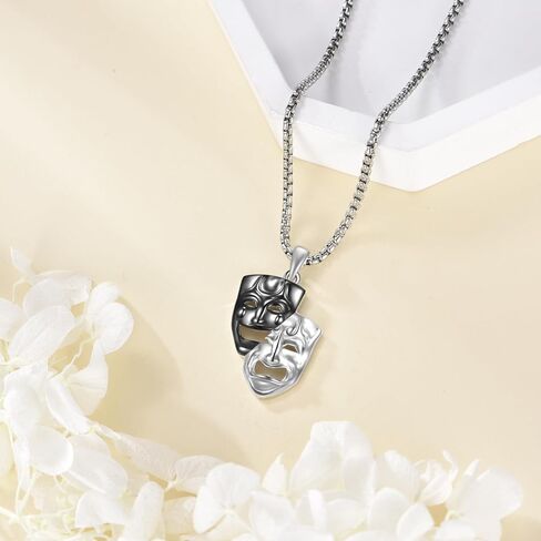 Comedy and Tragedy Masks Necklace 925 Sterling Silver Theater Mask Pendant Necklaces Drama Masks Jewelry Gifts for Women Men in Kuwait